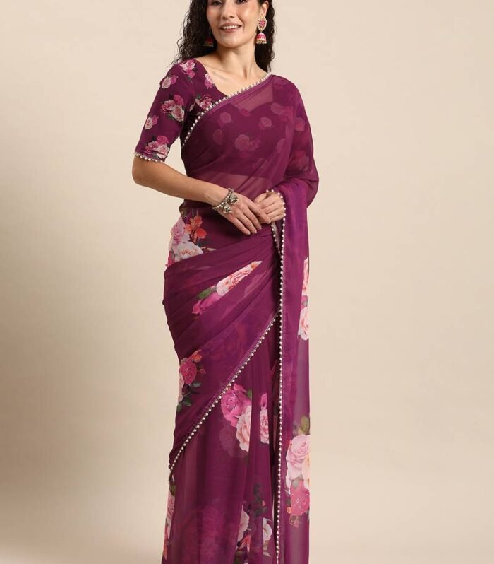 Georgette Daily Wear Comfortable Pearl Lace Border Saree