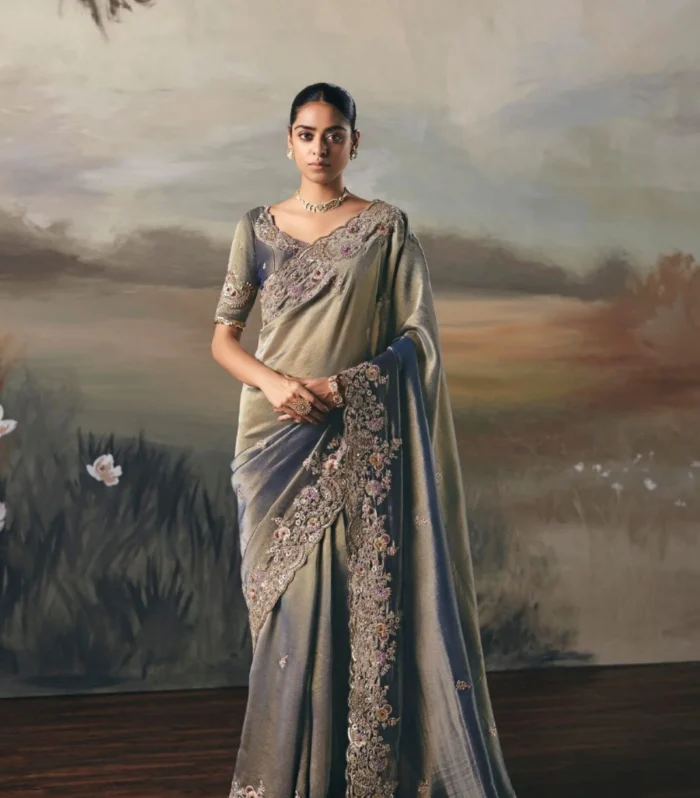 Grey Silk Embroidered Saree with Designer Blouse Party Wear Saree