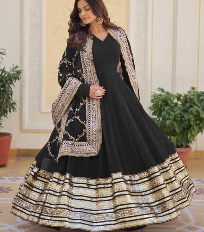 Faux Georgette Plain Sequins Work Party Wear Gown With Matching Dupatta