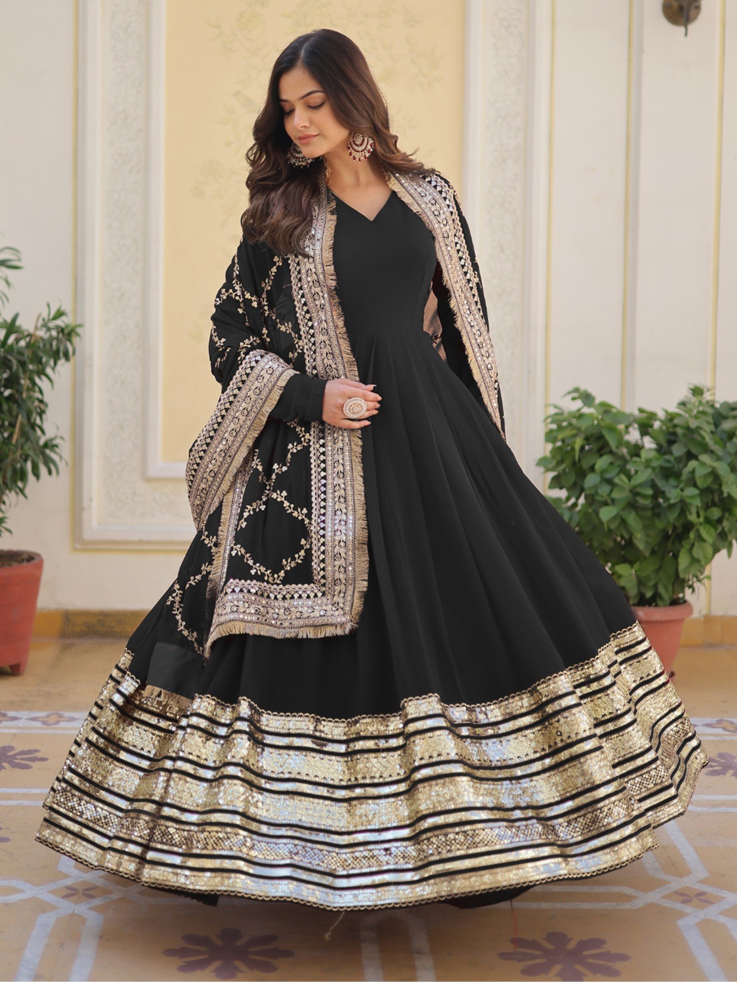 Faux Georgette Plain Sequins Work Party Wear Gown With Matching Dupatta