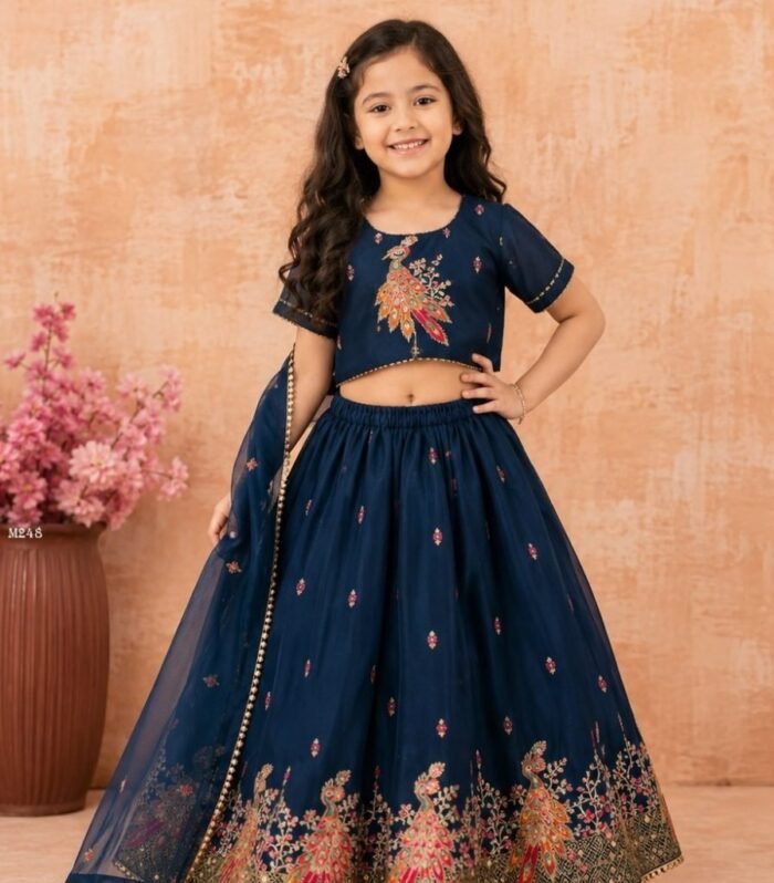 Rama Peacock Embroidered Kids Lehenga Choli Set