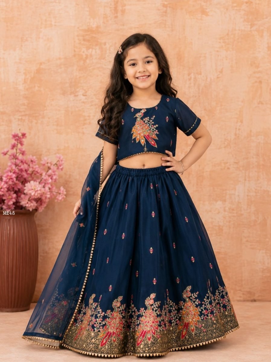 Rama Peacock Embroidered Kids Lehenga Choli Set